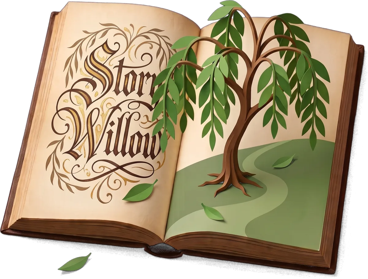 An open storybook with a paper-cut willow tree growing from its pages